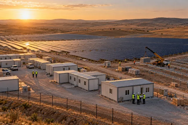 Güneş enerjisi santrali sahasında prefabrik şantiye ofisi ve konteynerler (görselleştirme)
