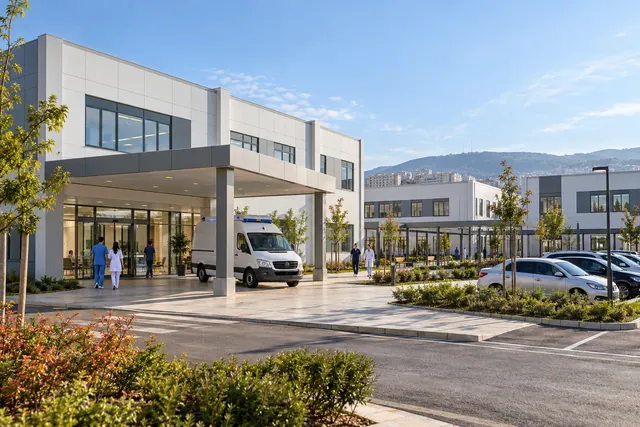 Hafif çelik prefabrik hastane kampüsü ve ambulans girişi (görselleştirme)