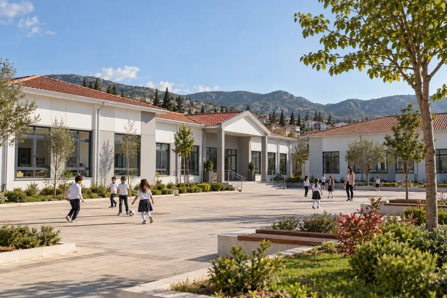 Hafif çelik prefabrik okul kampüsü ve okul bahçesi (görselleştirme)