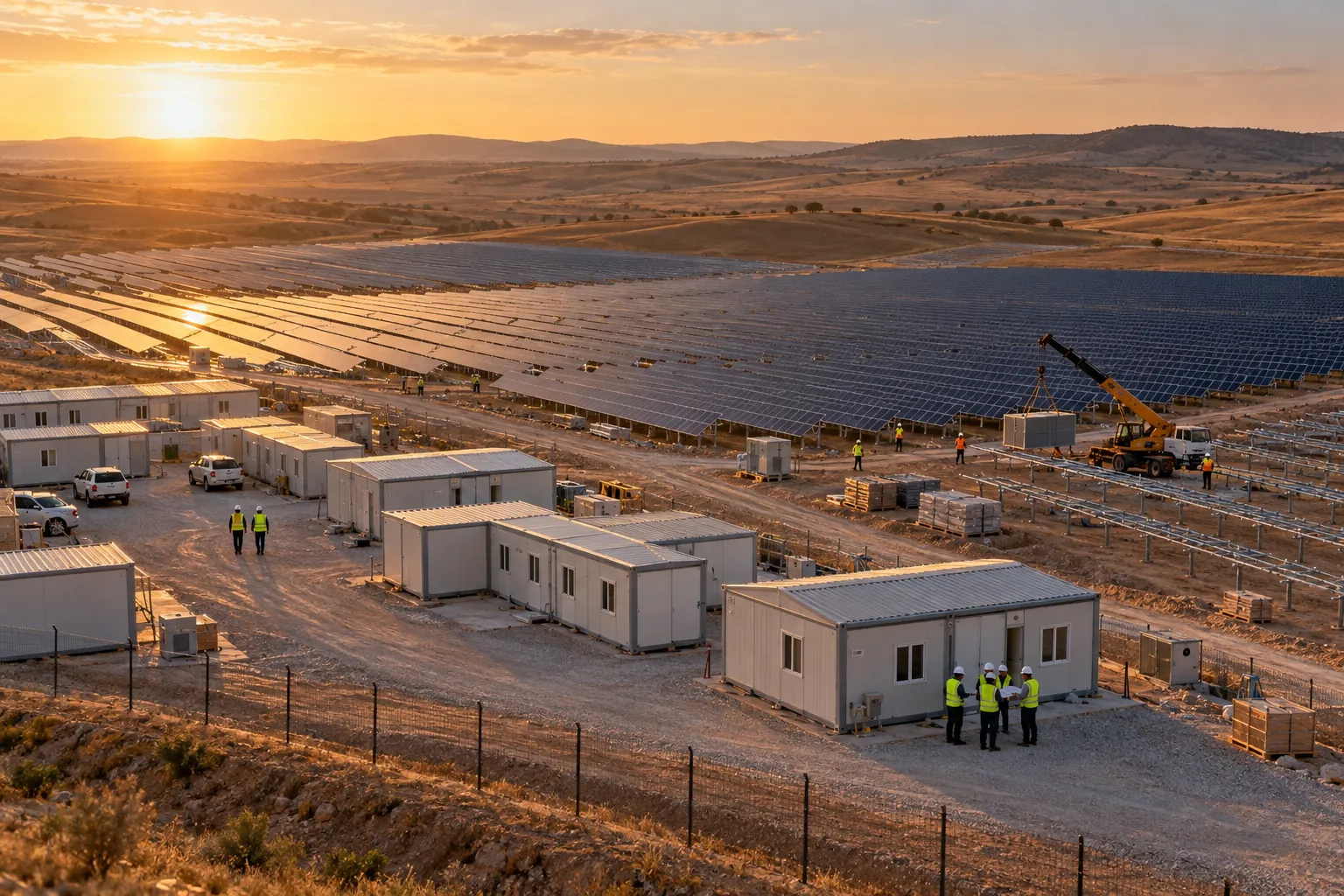 Güneş enerjisi santrali sahasında prefabrik şantiye ofisi ve konteynerler (görselleştirme)