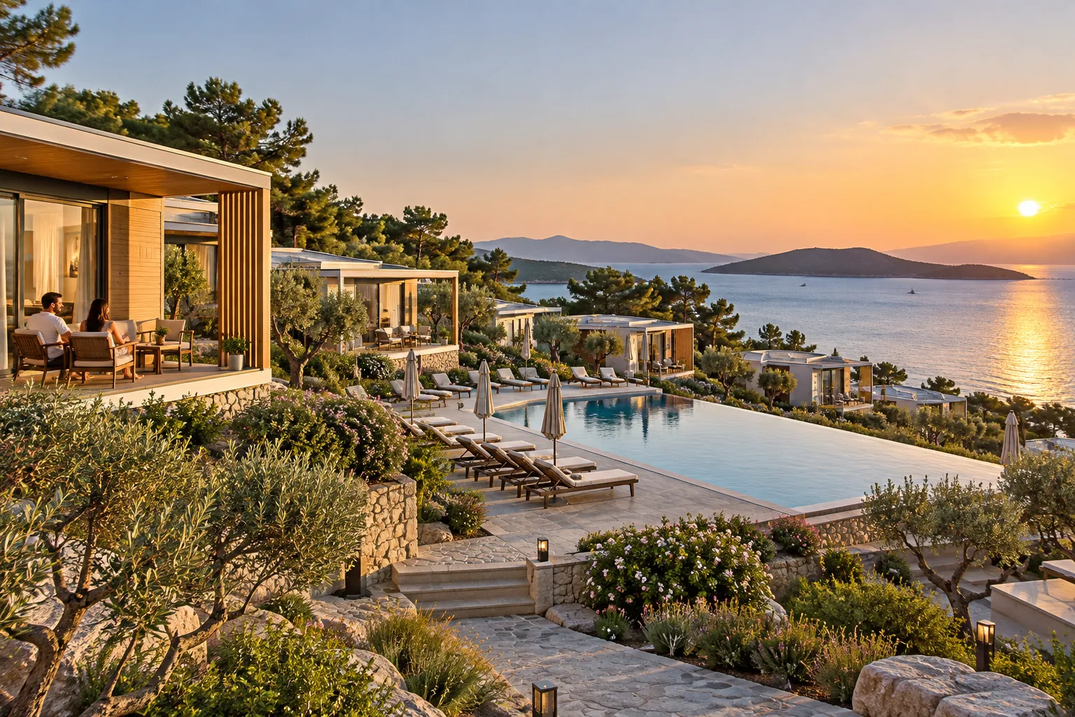 Ege kıyısında hafif çelik bungalov ve villalardan oluşan butik tatil tesisi (görselleştirme)