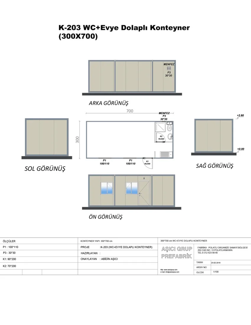 K-203 — WC+evye Dolaplı Konteyner plan