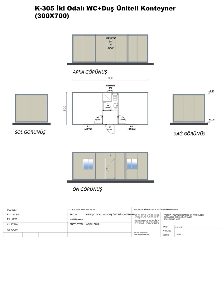 K-305 — İki Odalı WC+duş Üniteli Konteyner plan