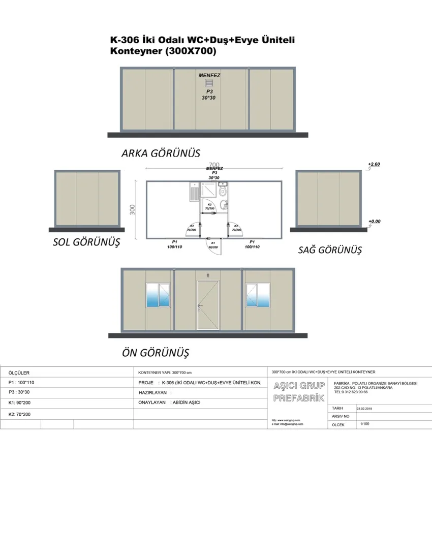 K-306 — İki Odalı WC+duş+evye Üniteli Konteyner plan