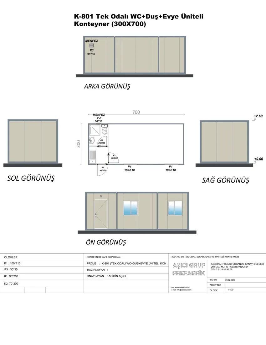 K-801 — Tek Odalı WC+duş+evye Üniteli Konteyner plan