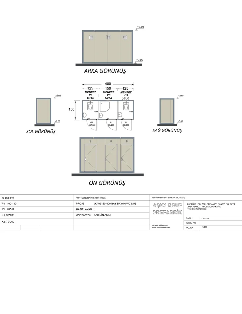 K-W3 — Bay-bayan WC+duş Konteyner plan