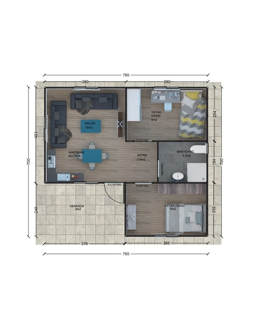 53 m² Prefabrik Ev plan